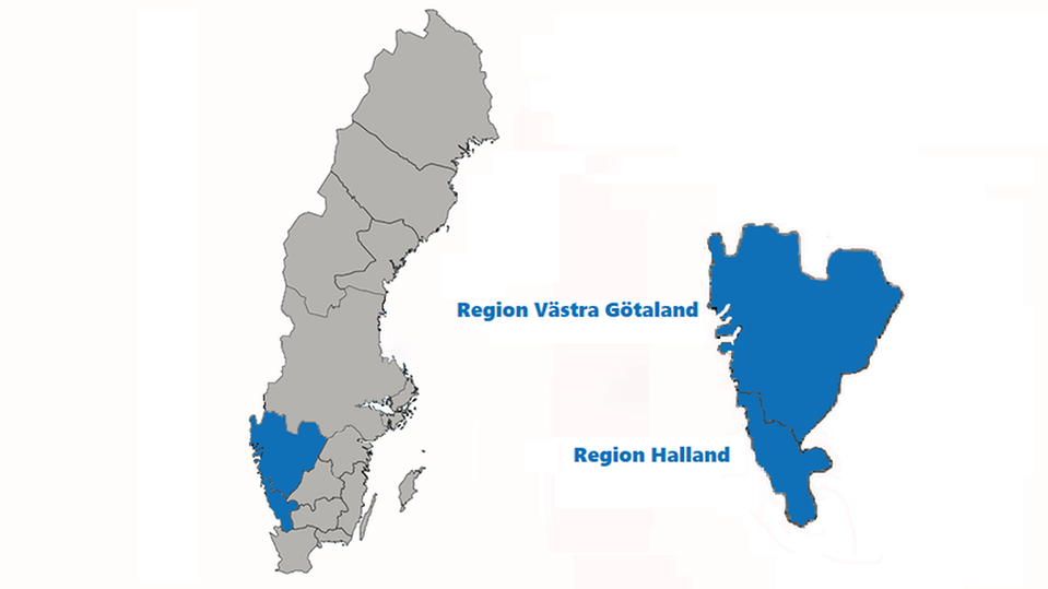 Sveriges karta med en tydlig markering av sjukvårdsregion väst