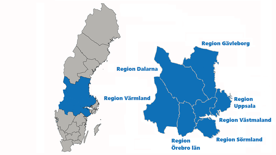 Sveriges kart med tydlig markering av sjukvårdsregion mellansverige